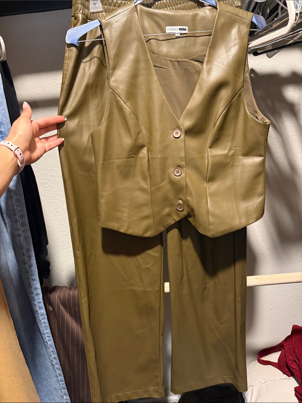 FASHION NOVA Olive Faux Leather Vest & Pants Set